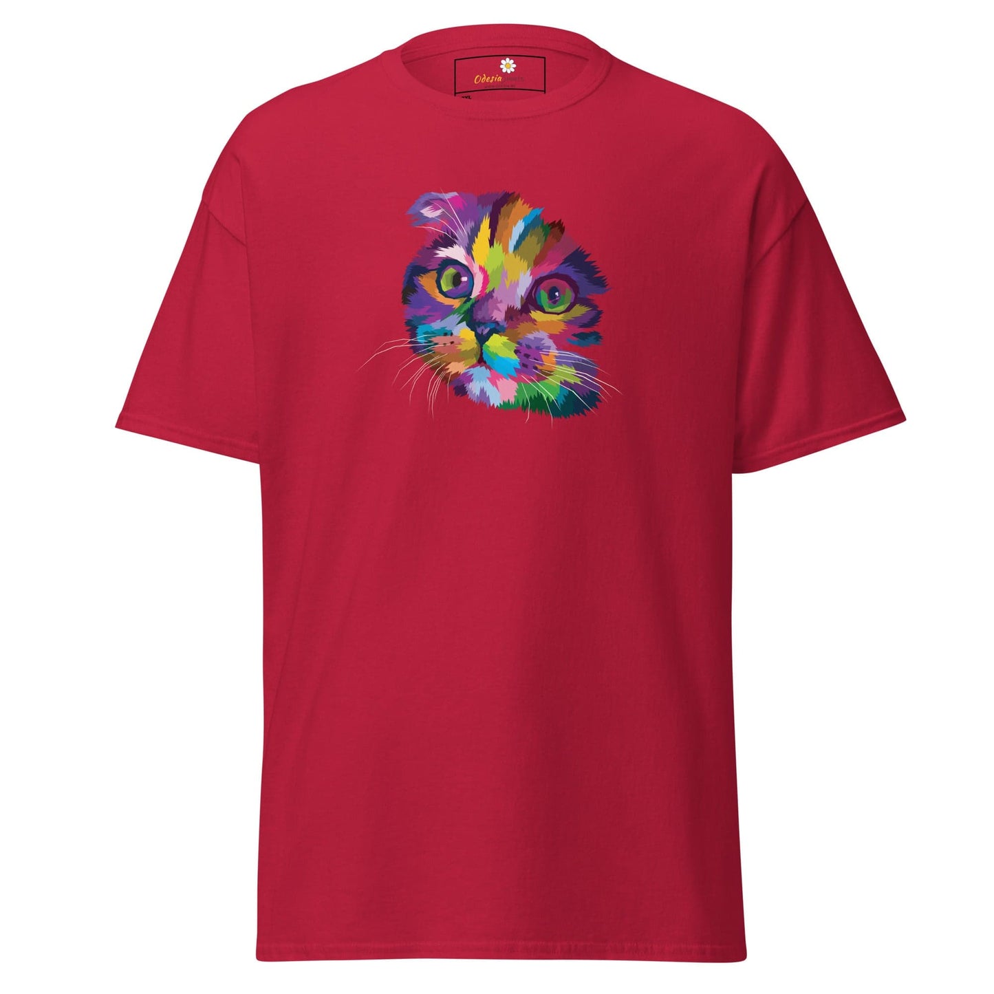 Red T-shirt with colorful cat graphic for Men and Women in sizes 2XL to 5XL