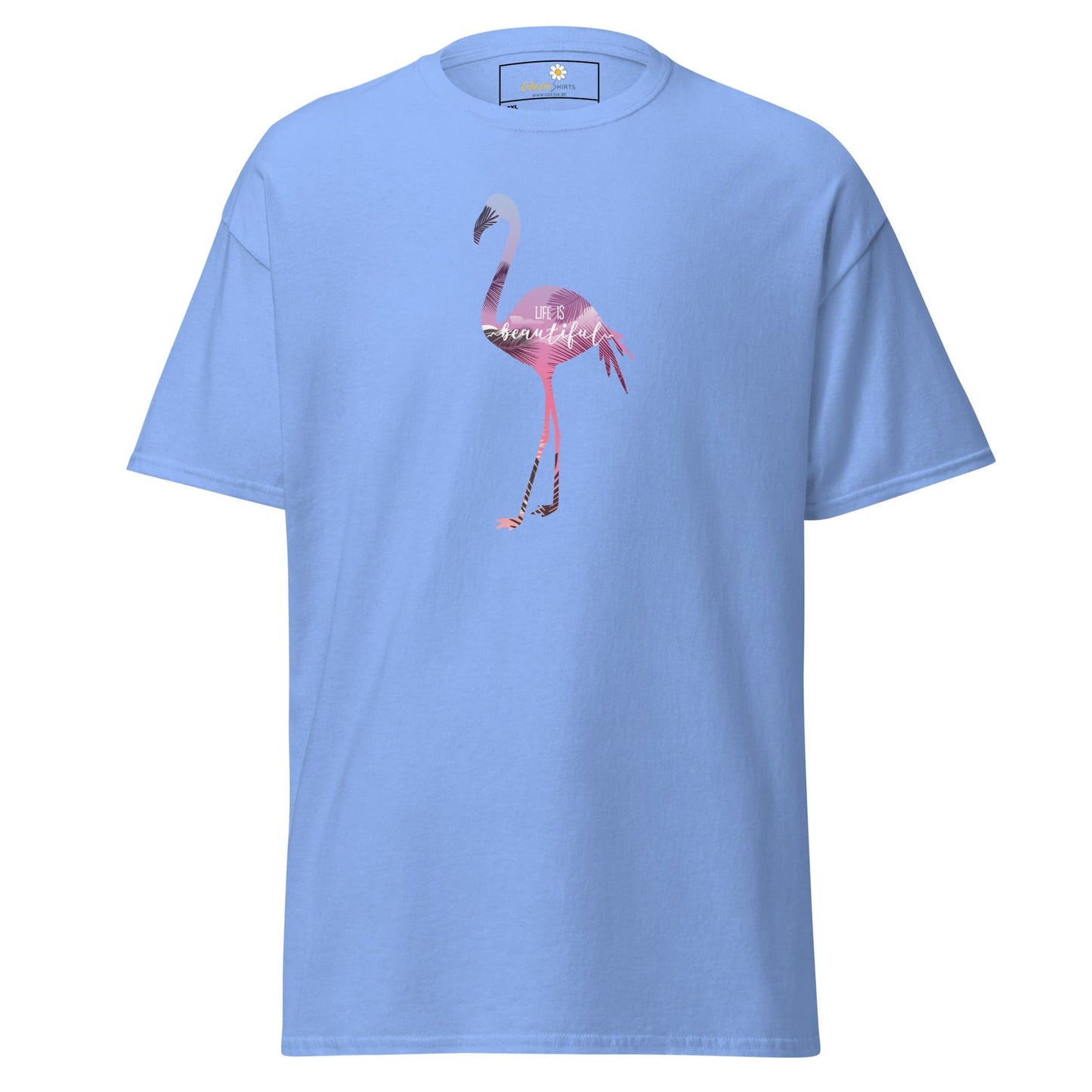 Light blue T-shirt with flamingo design for men and women in 2XL to 5XL sizes