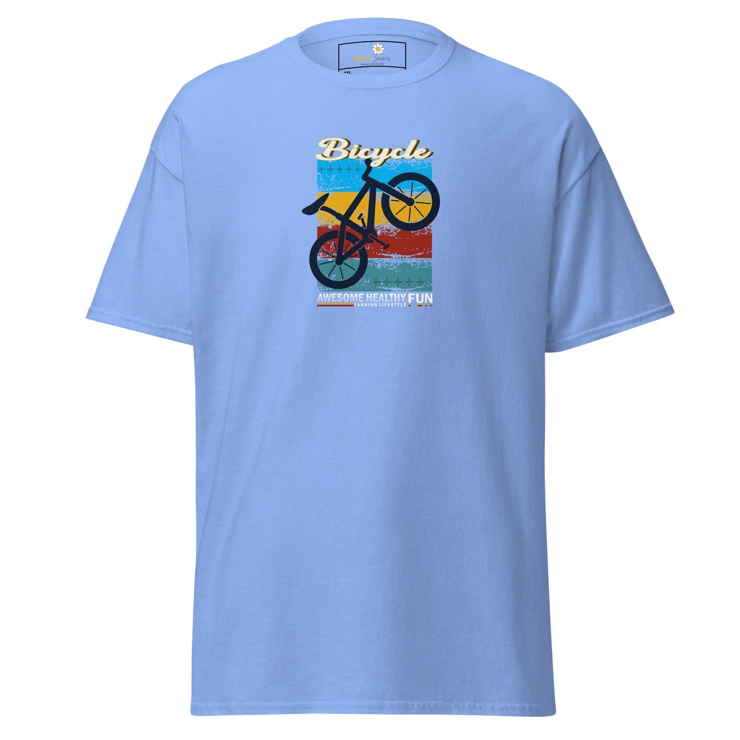 Light blue T-shirt with bicycle graphic for men and women in 2XL to 5XL sizes