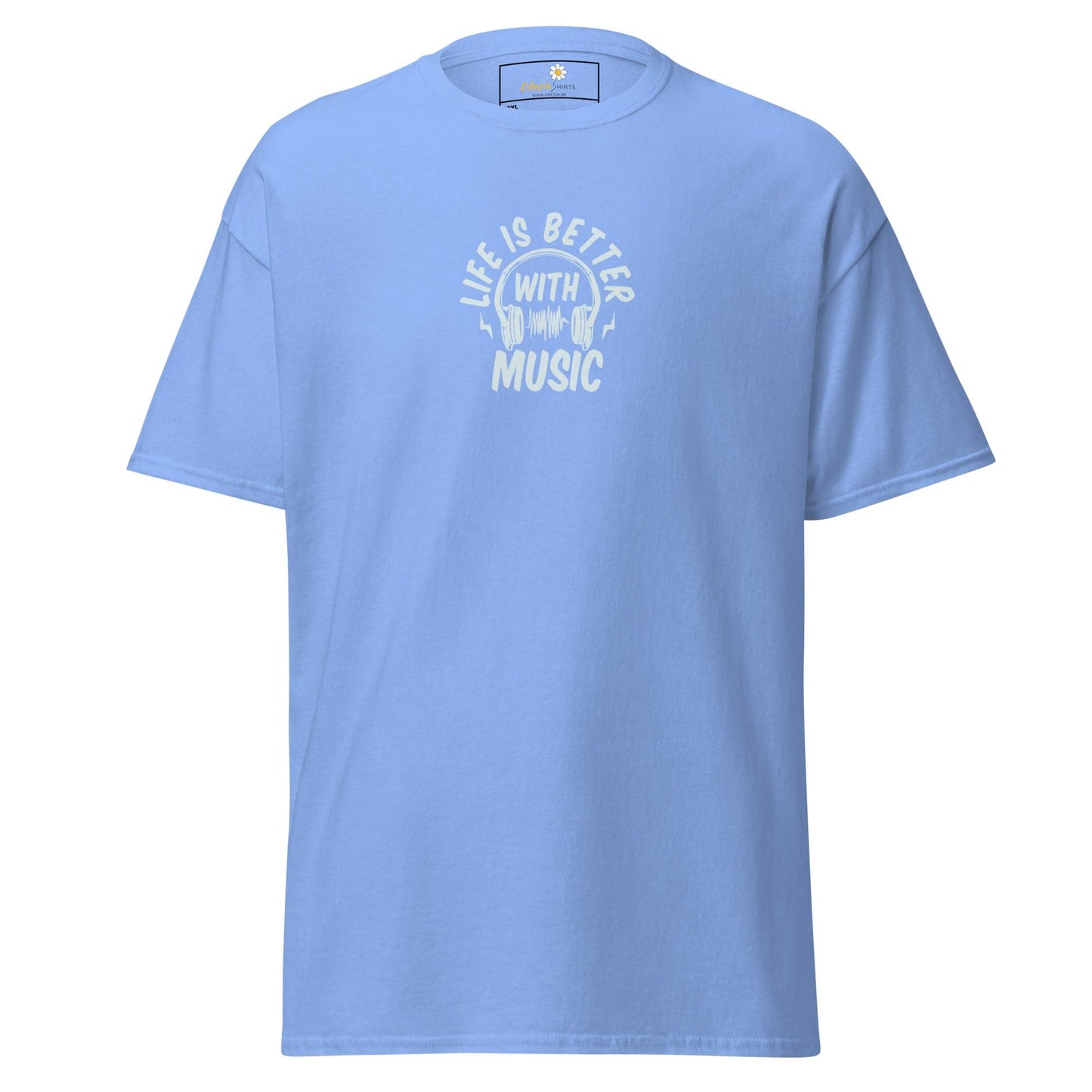 Light blue T-shirt with music graphic for men and women in 2XL to 5XL sizes