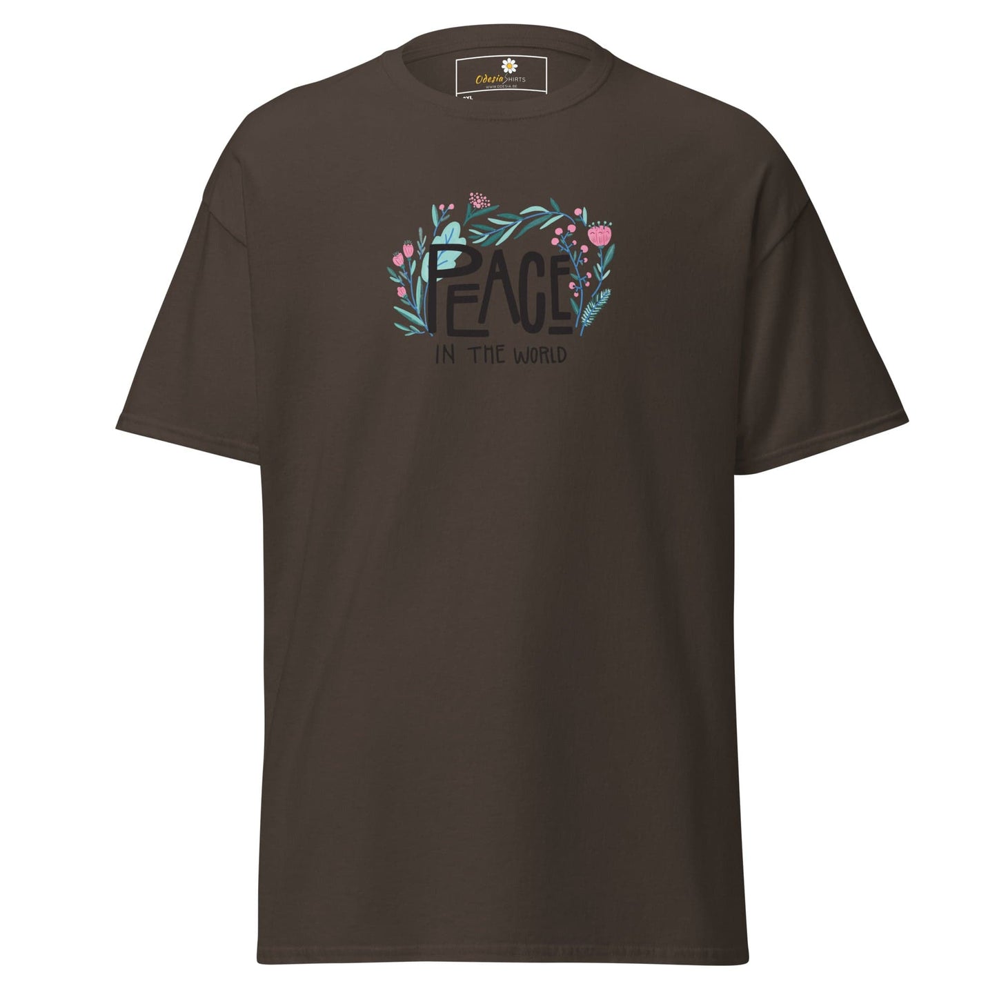 Brown T-shirt with Peace in the World floral design for Men and Women, sizes 2XL to 5XL