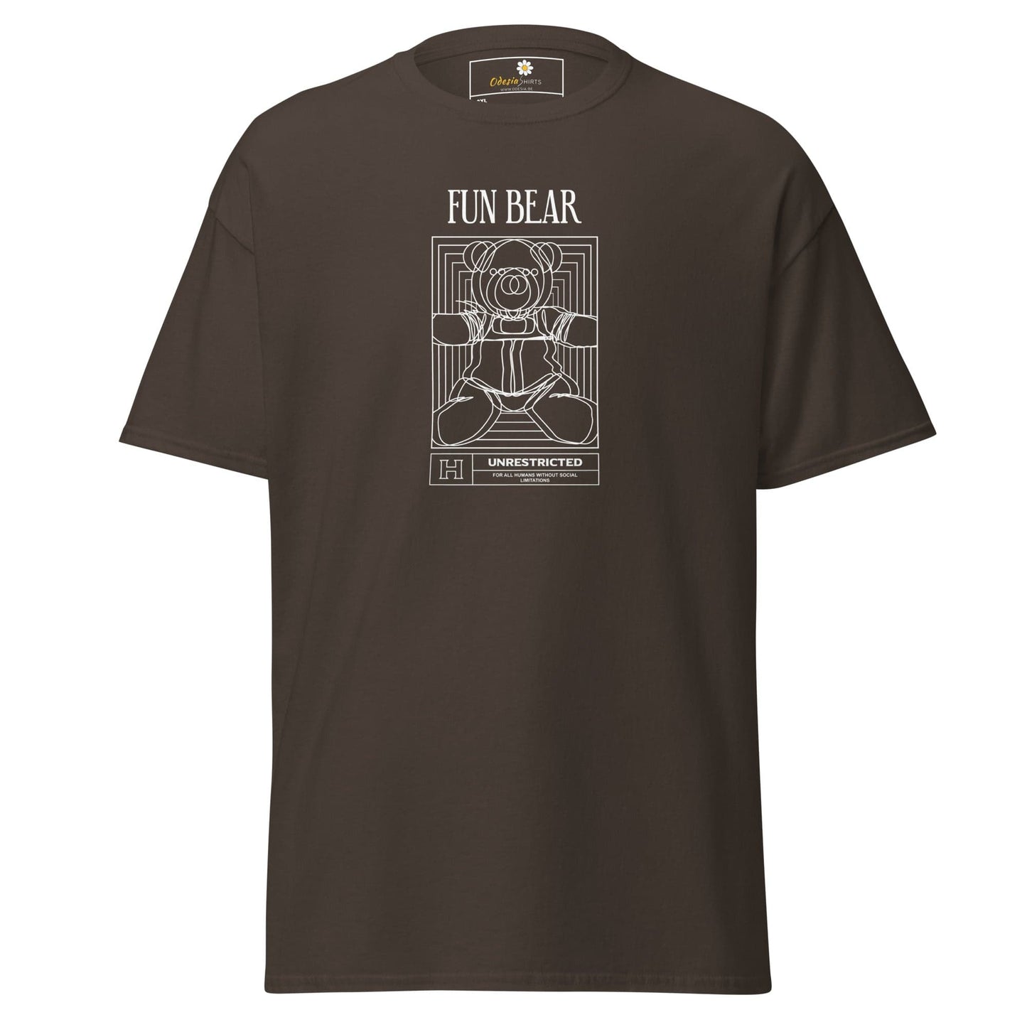 Brown t-shirt with a bear graphic.