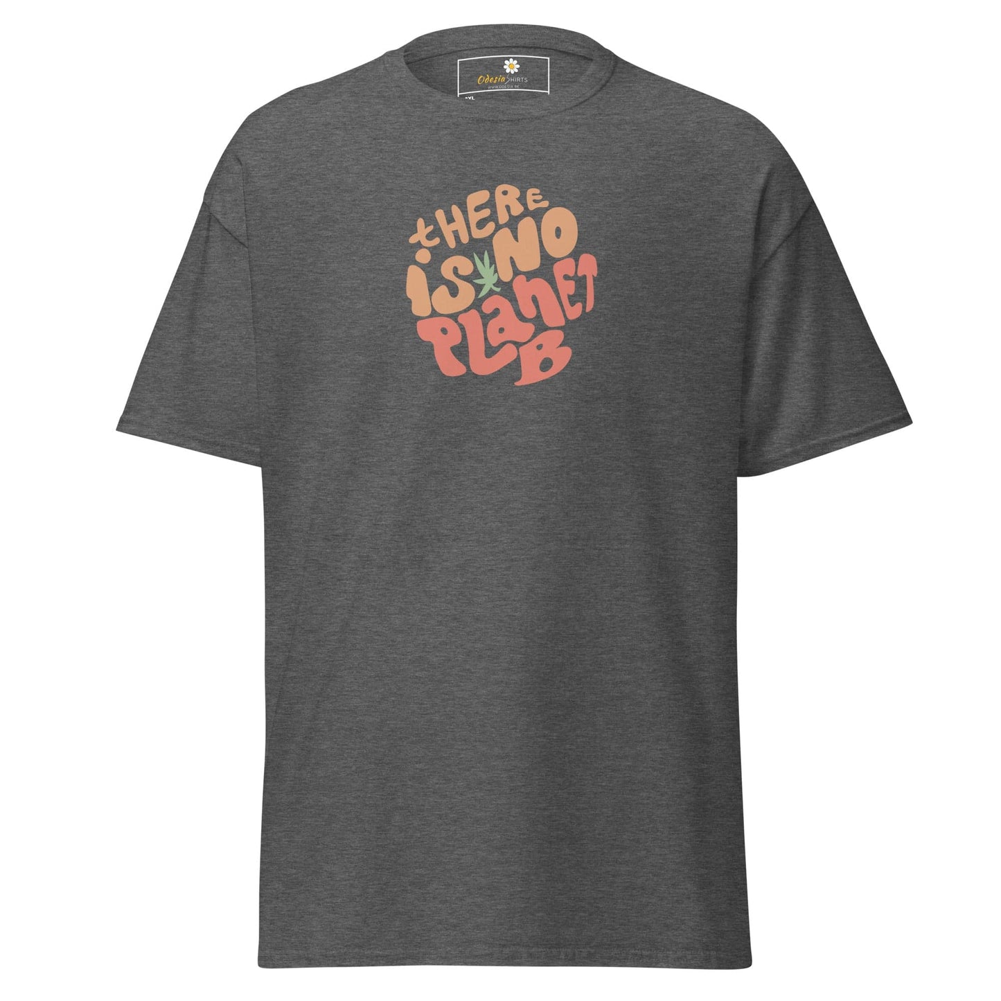 Gray t-shirt with ’There is no planet B’ graphic.