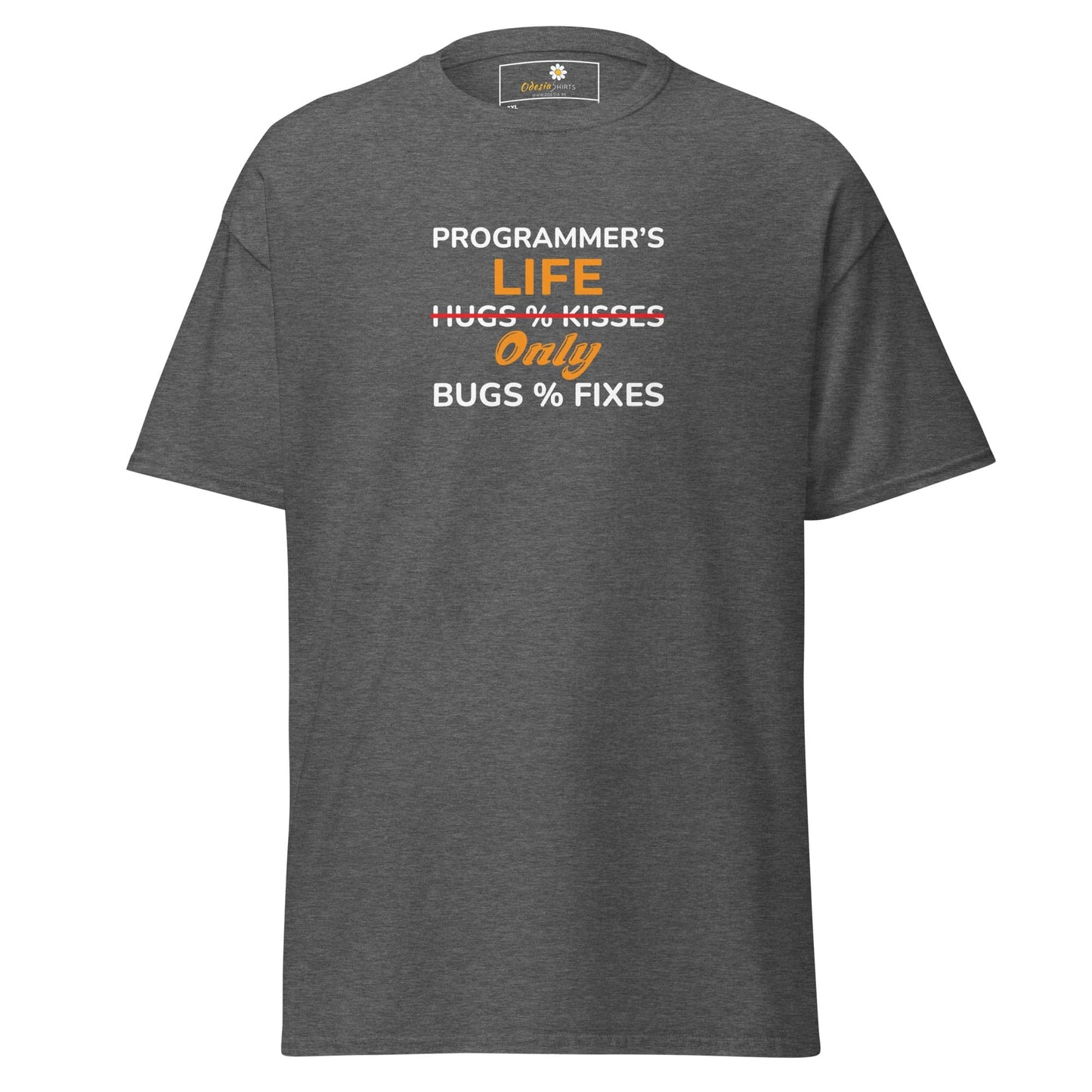 Gray t-shirt with programmer humor.