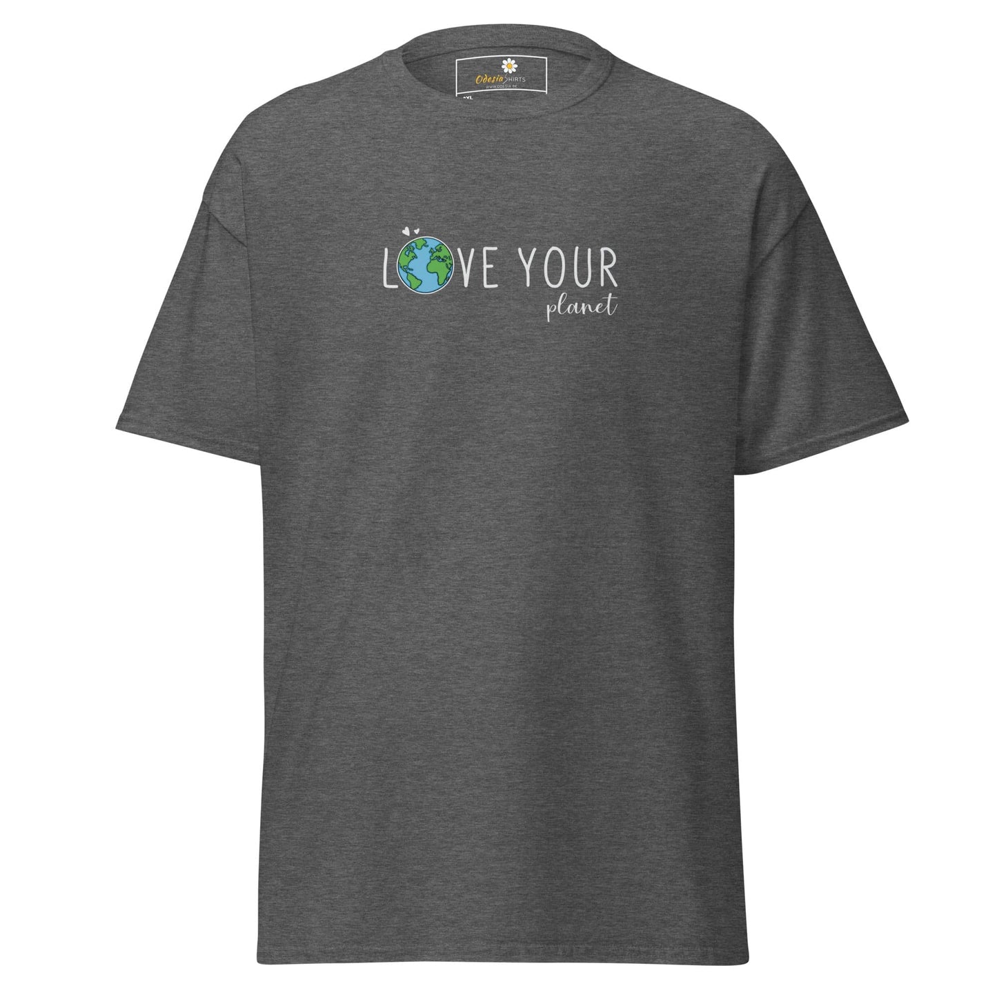 Gray t-shirt with ’Love Your Planet’ design.