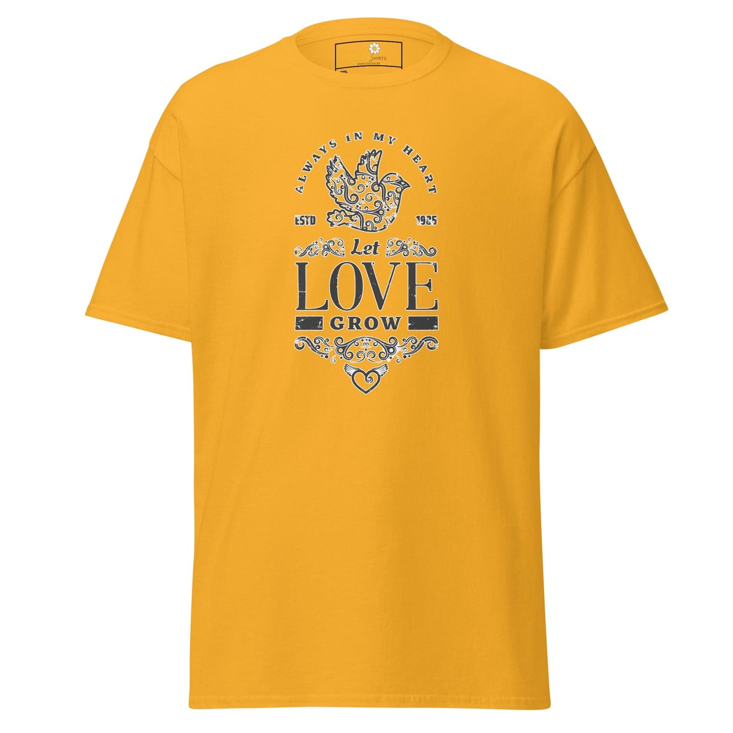 Yellow T-shirt with Lets Love Grow graphic from T-Shirt Design Tee for Men and Women