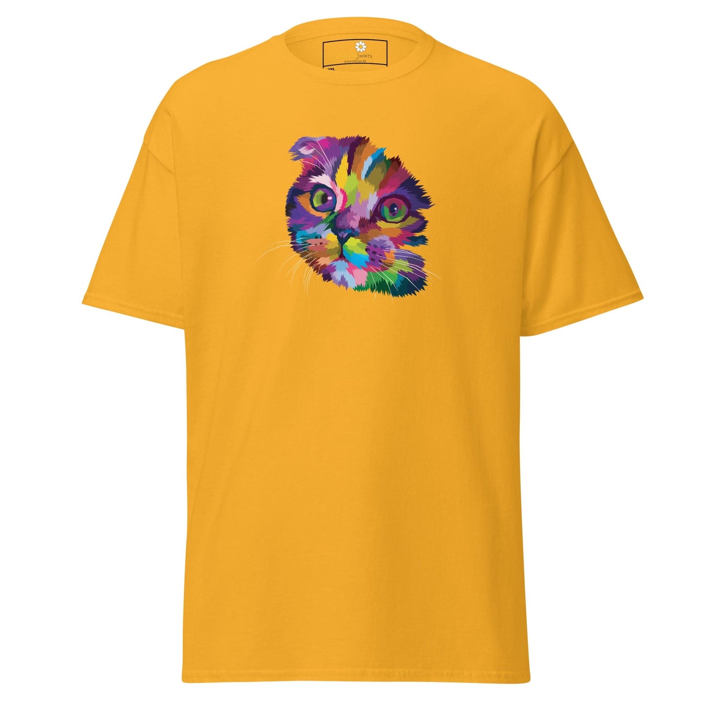 Yellow T-shirt with colorful cat graphic suitable for Men and Women in 2XL to 5XL sizes