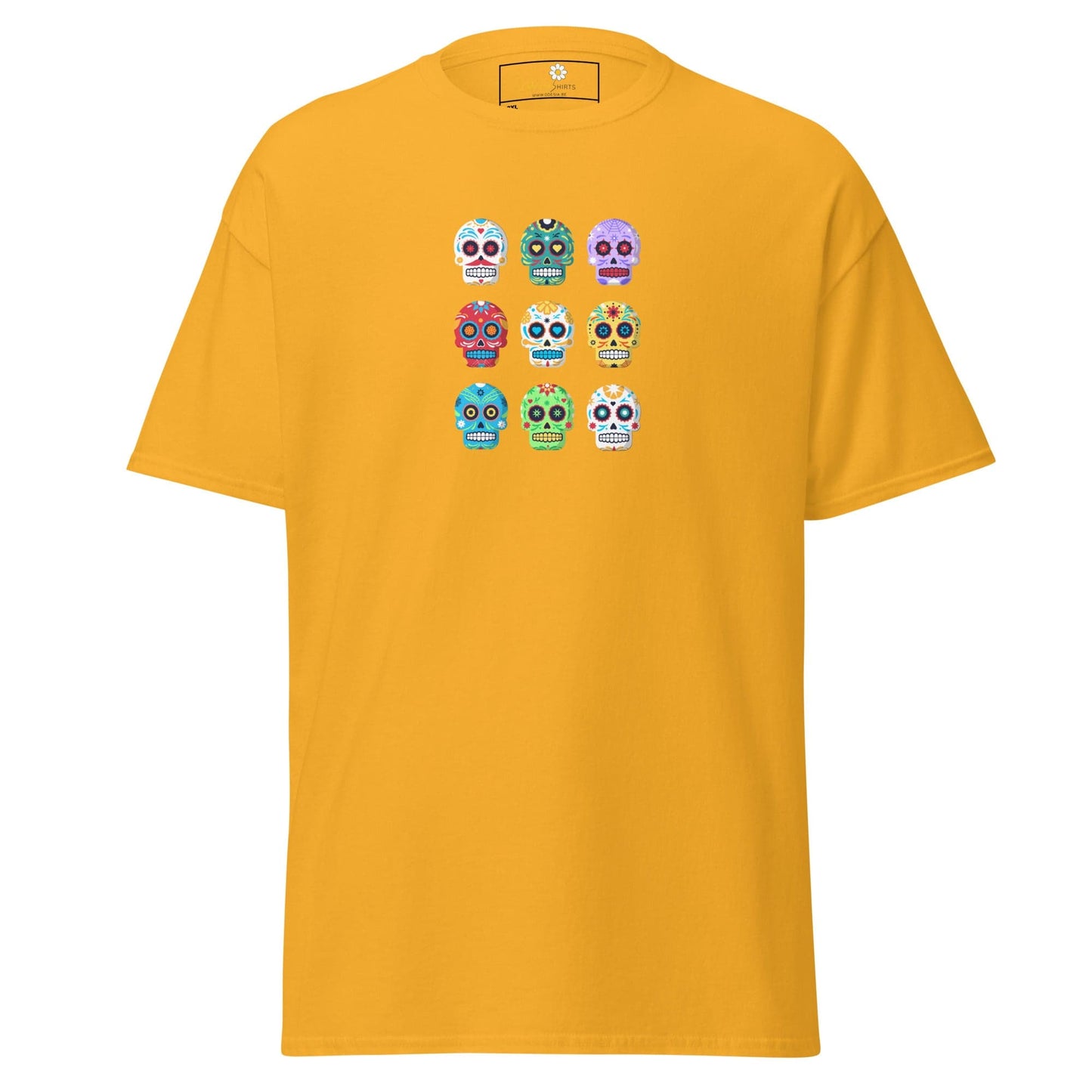 Mustard-yellow T-shirt with colorful skull designs for Men and Women in 2XL to 5XL sizes