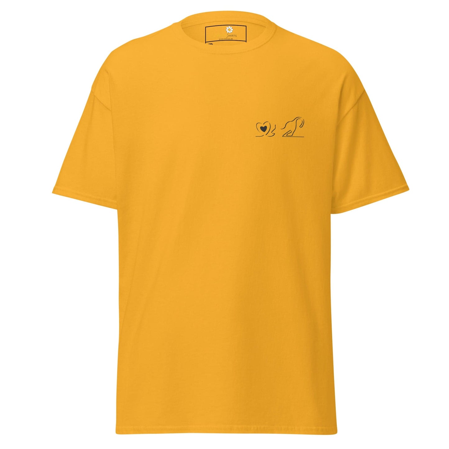 Yellow T-shirt with heart and dog design for men and women in sizes 2XL to 5XL