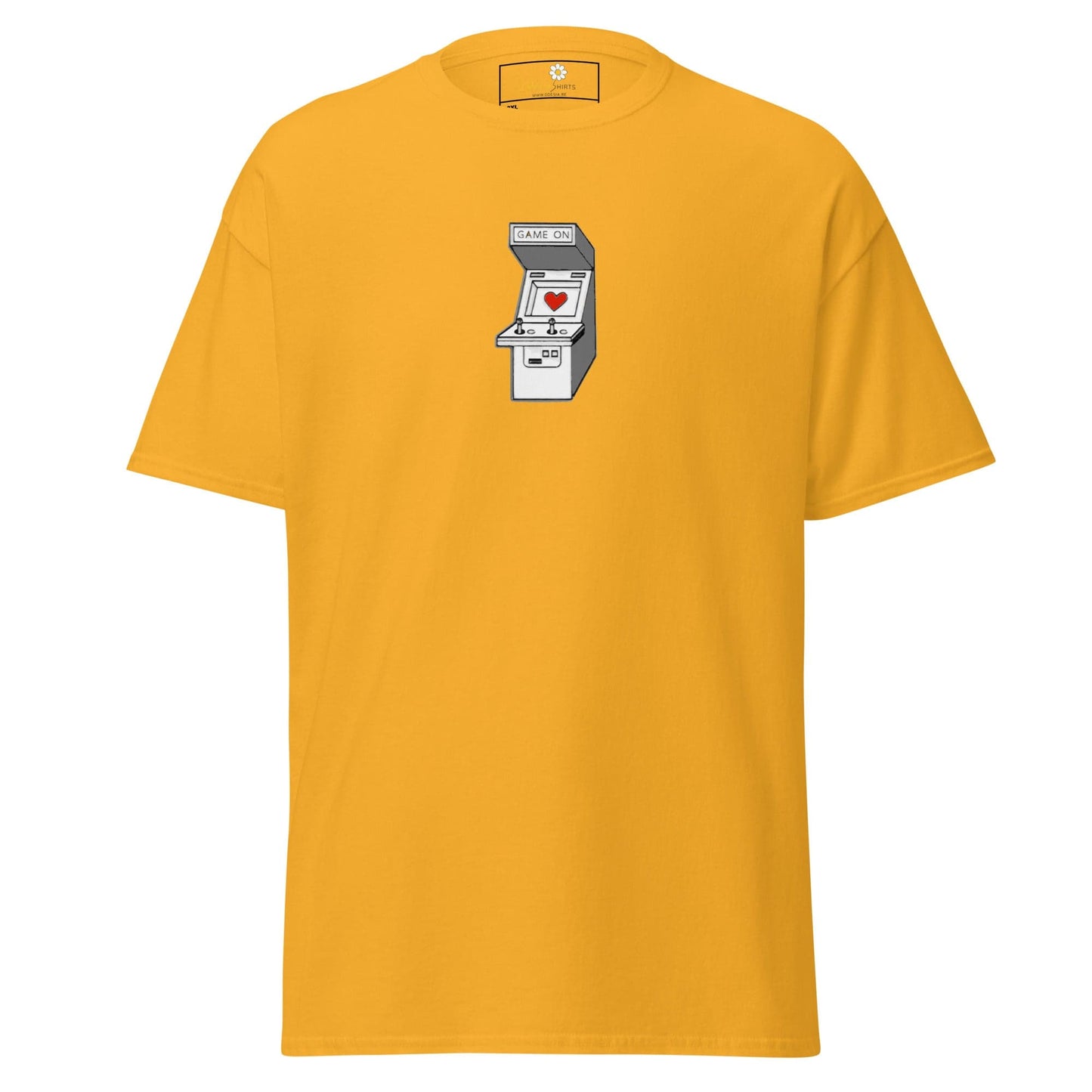 Yellow T-shirt with arcade game graphic for men and women in sizes 2XL to 5XL