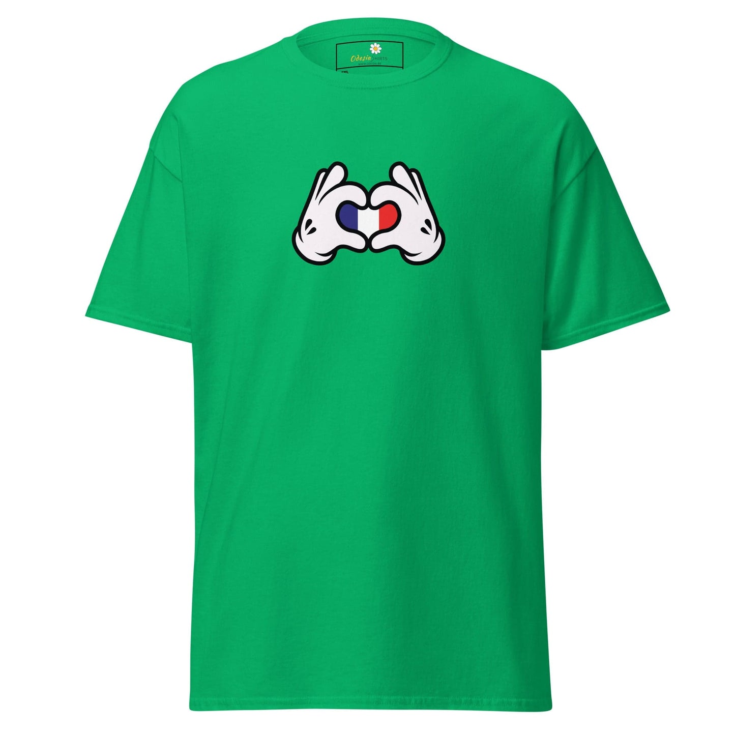 Green t-shirt with cartoon hands forming a heart with the French flag.