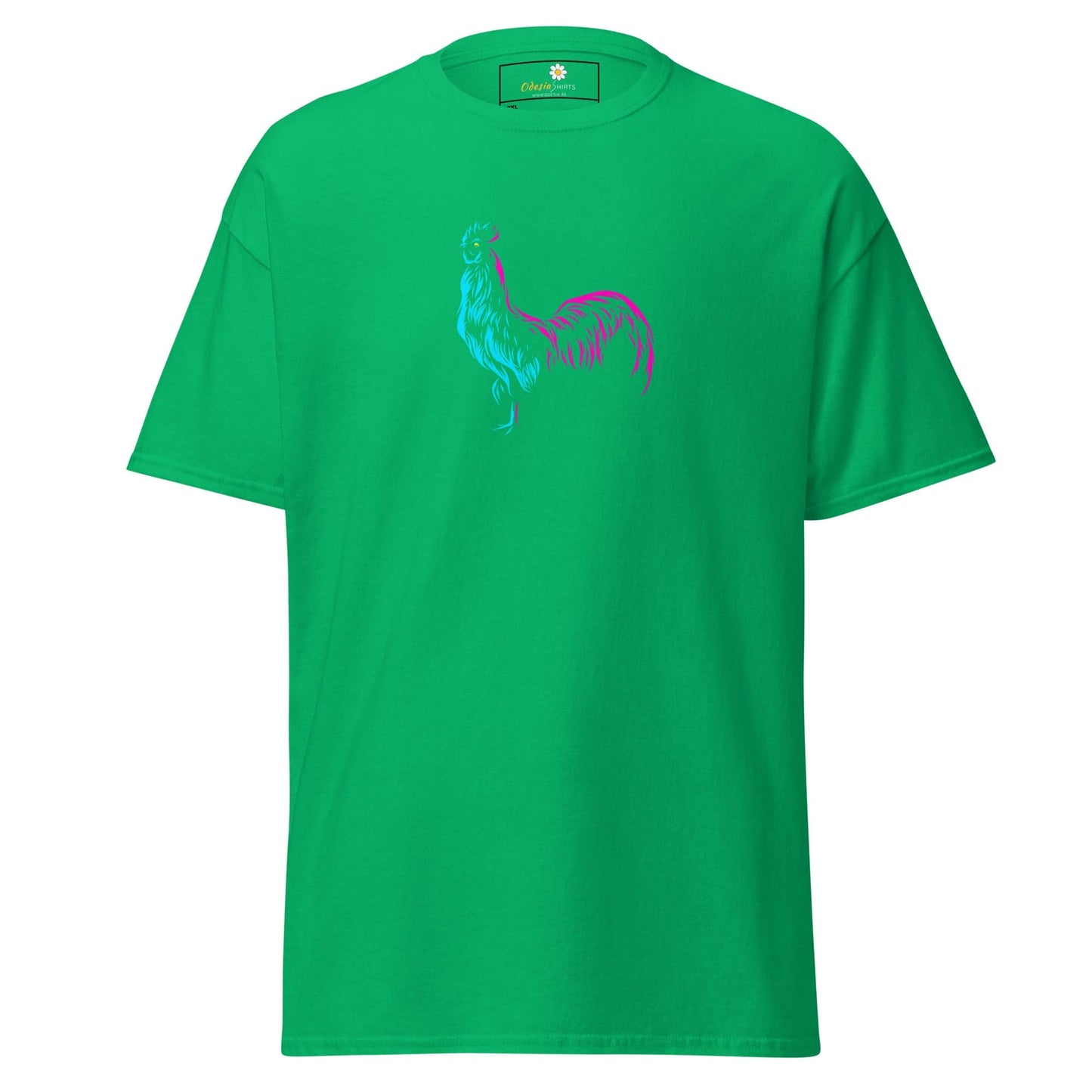 Green T-shirt featuring a rooster design for Men and Women in 2XL to 5XL sizes