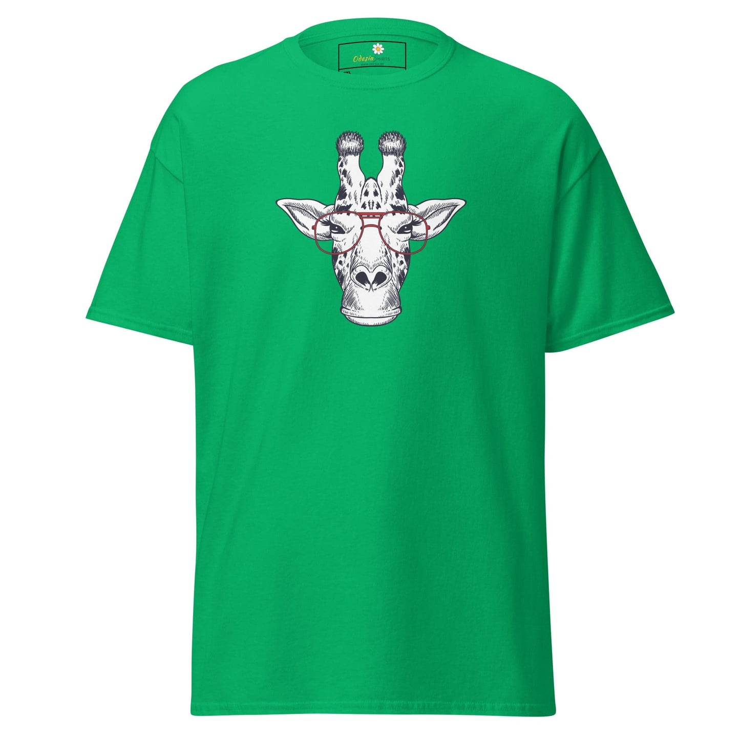 Green T-shirt featuring a Giraffe graphic for men and women in sizes 2XL to 5XL