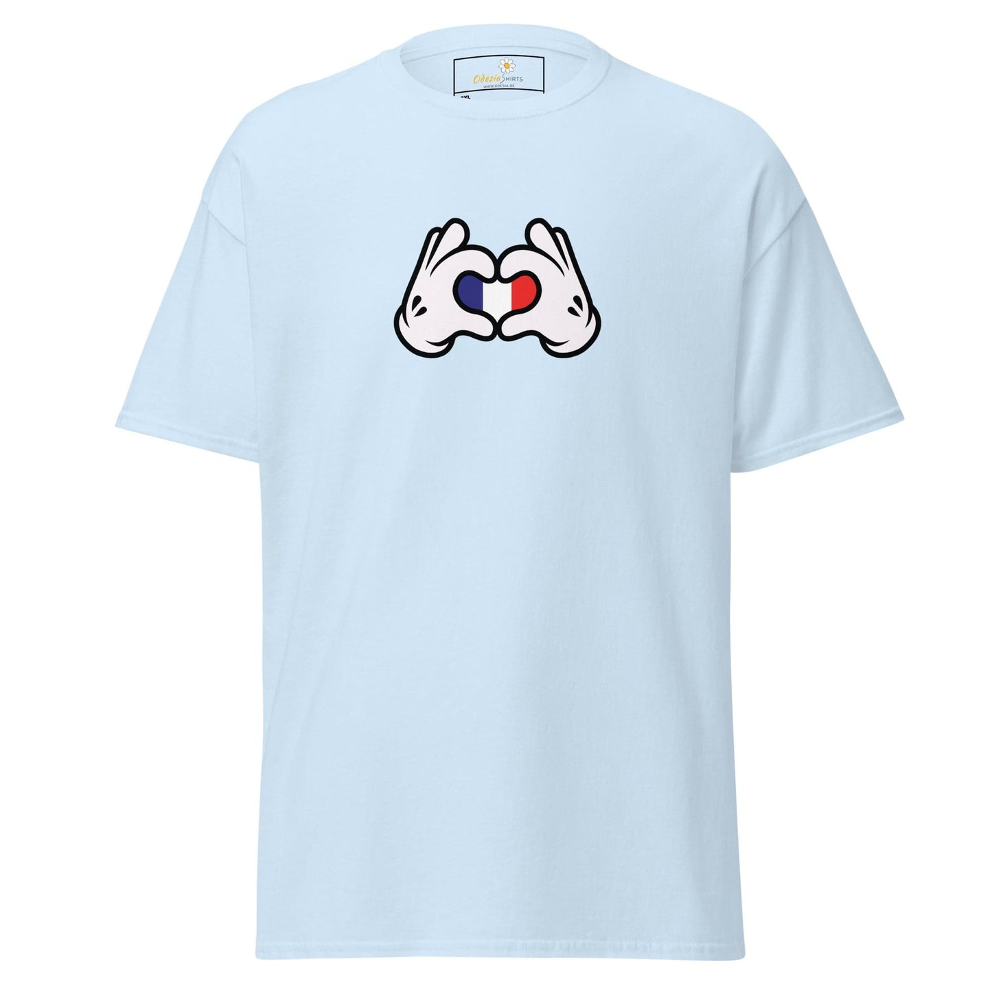 Light blue t-shirt with heart-shaped hands.