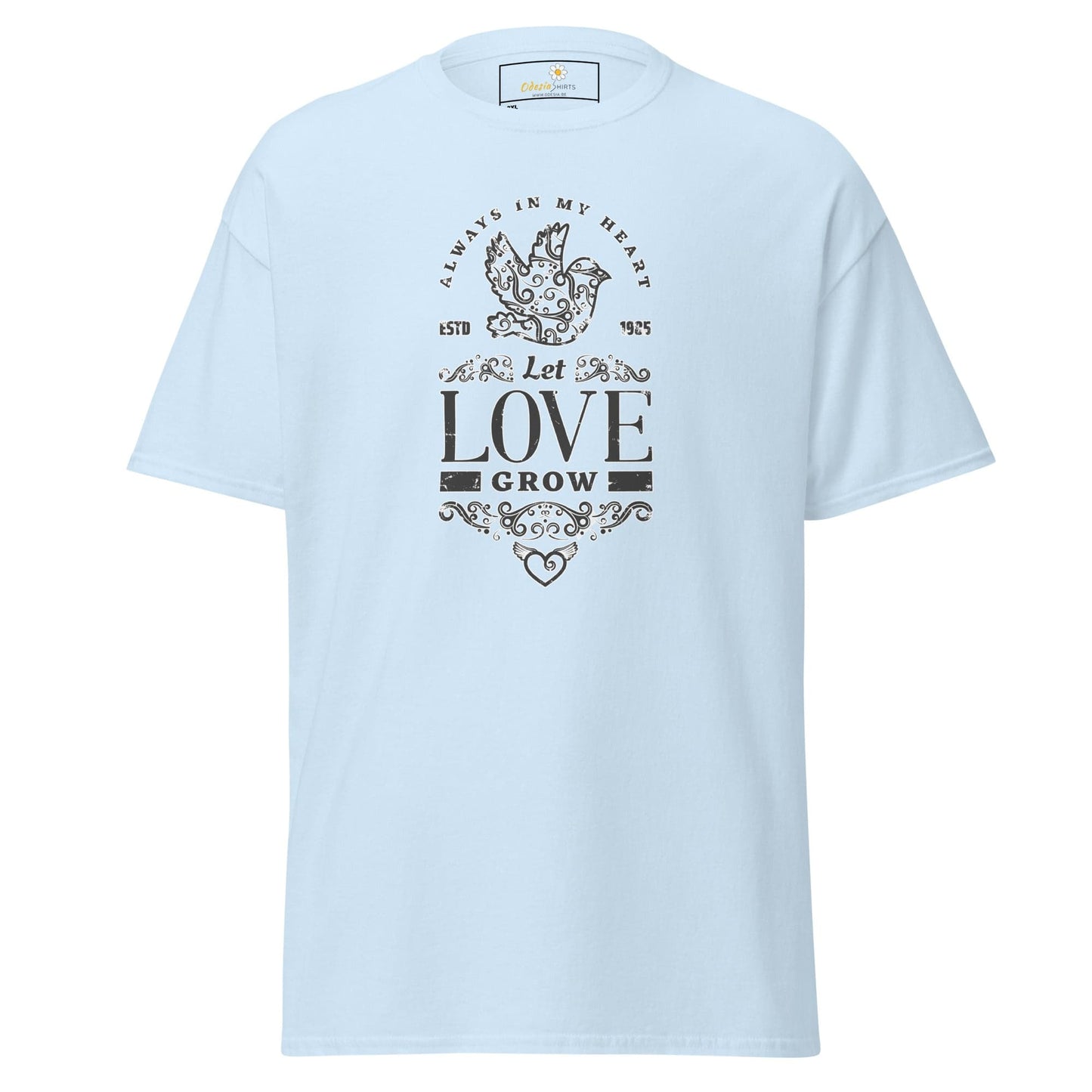 Light blue T-shirt featuring a bird and Let Love Grow design for men and women sizes 2XL to 5XL