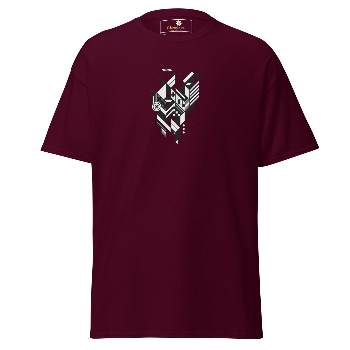 Maroon t-shirt with geometric design.