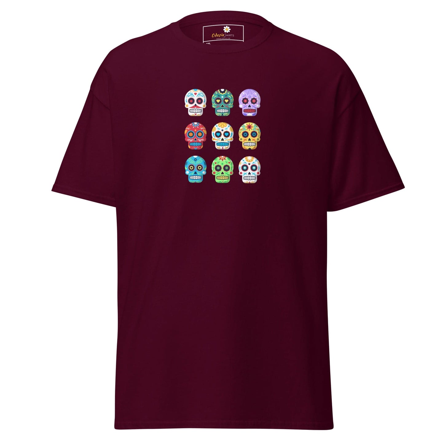 Maroon T-shirt featuring colorful sugar skull design for men and women in 2XL to 5XL sizes