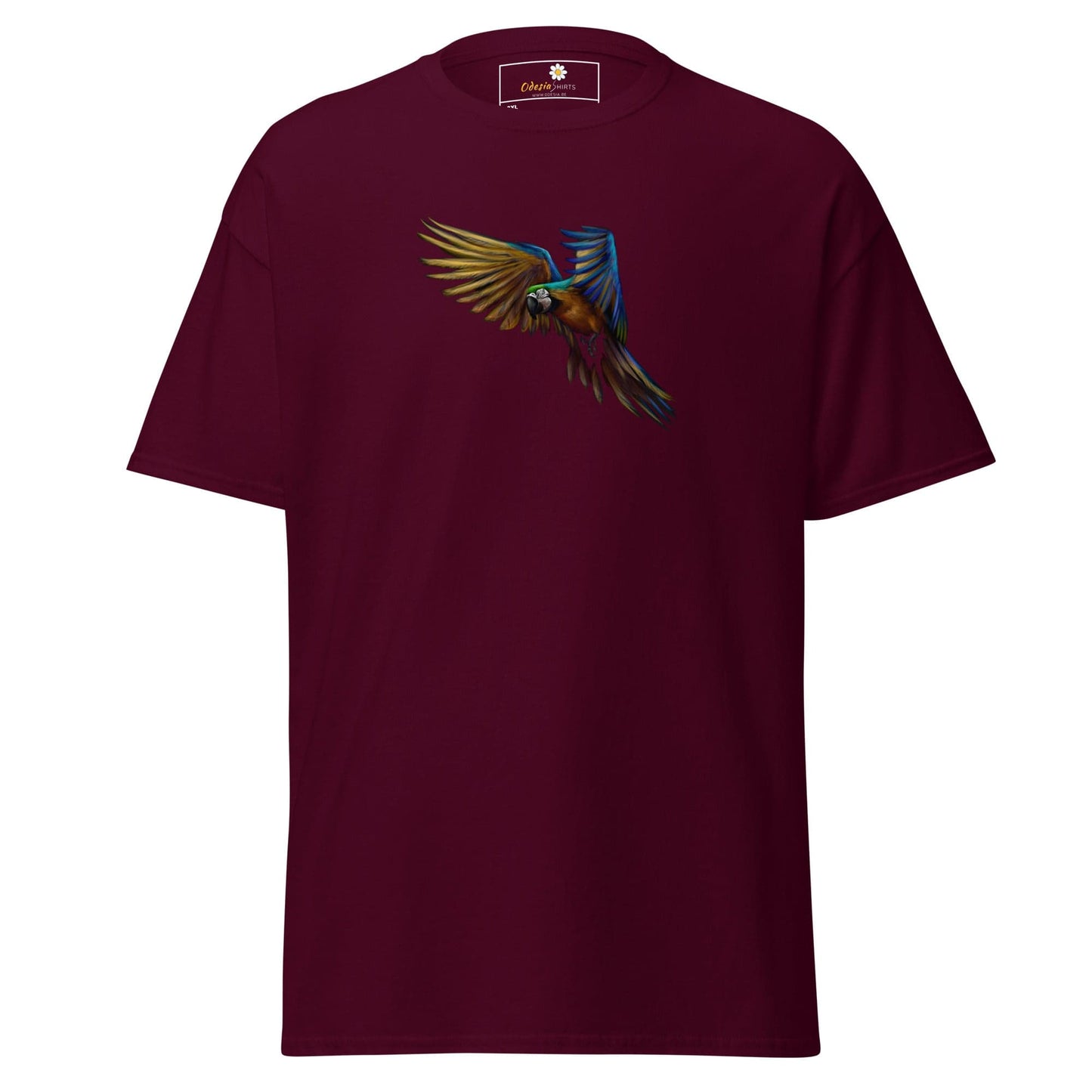 Maroon T-shirt with parrot graphic for Men and Women in sizes 2XL to 5XL