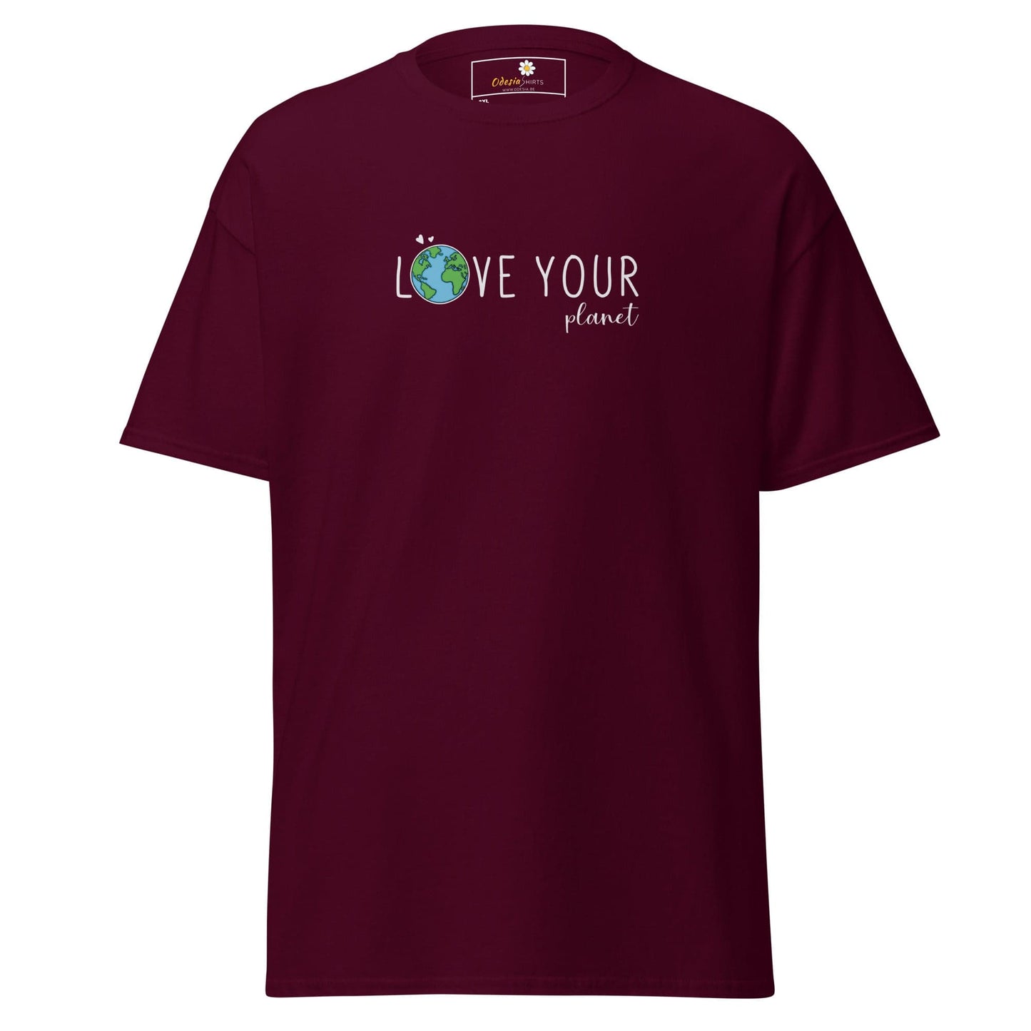 Maroon t-shirt with ’Love Your Planet’ graphic.