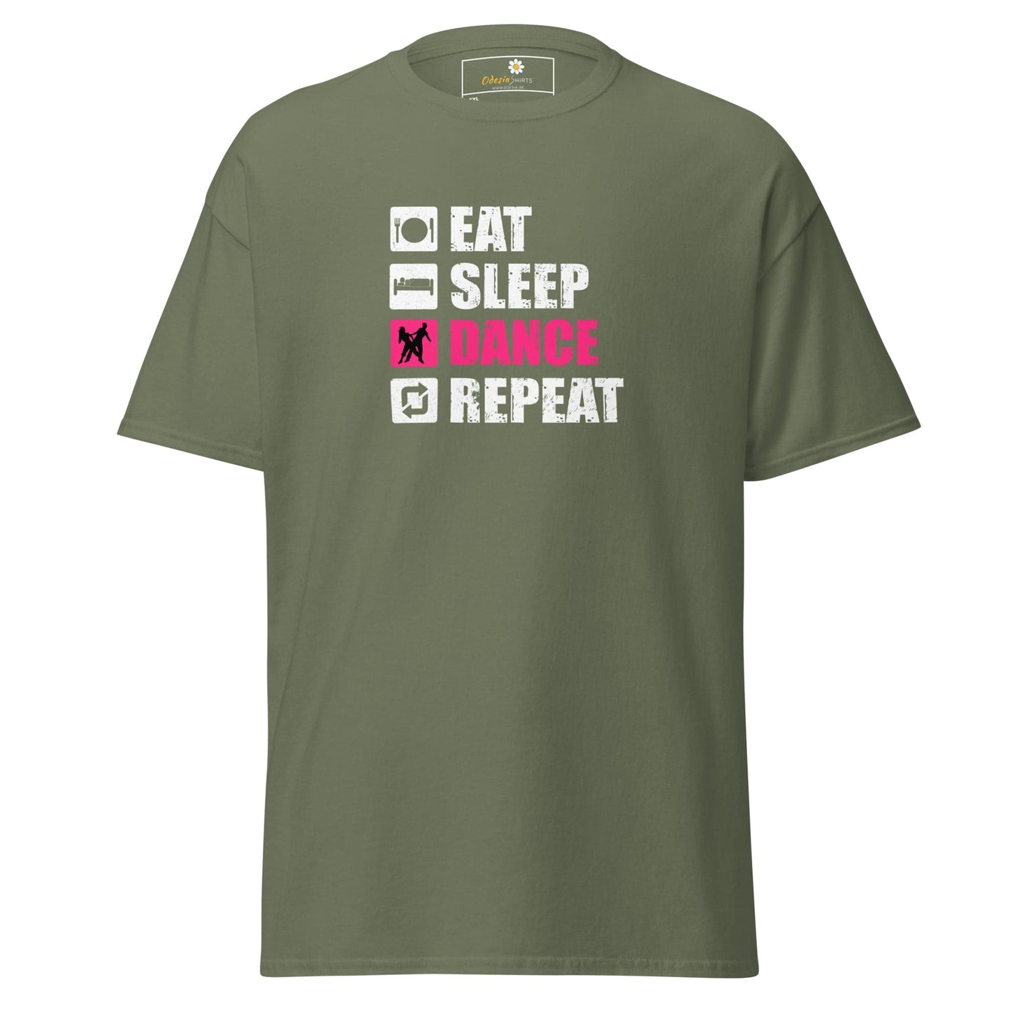 Olive green t-shirt with ’Eat Sleep Dance Repeat’ graphic.