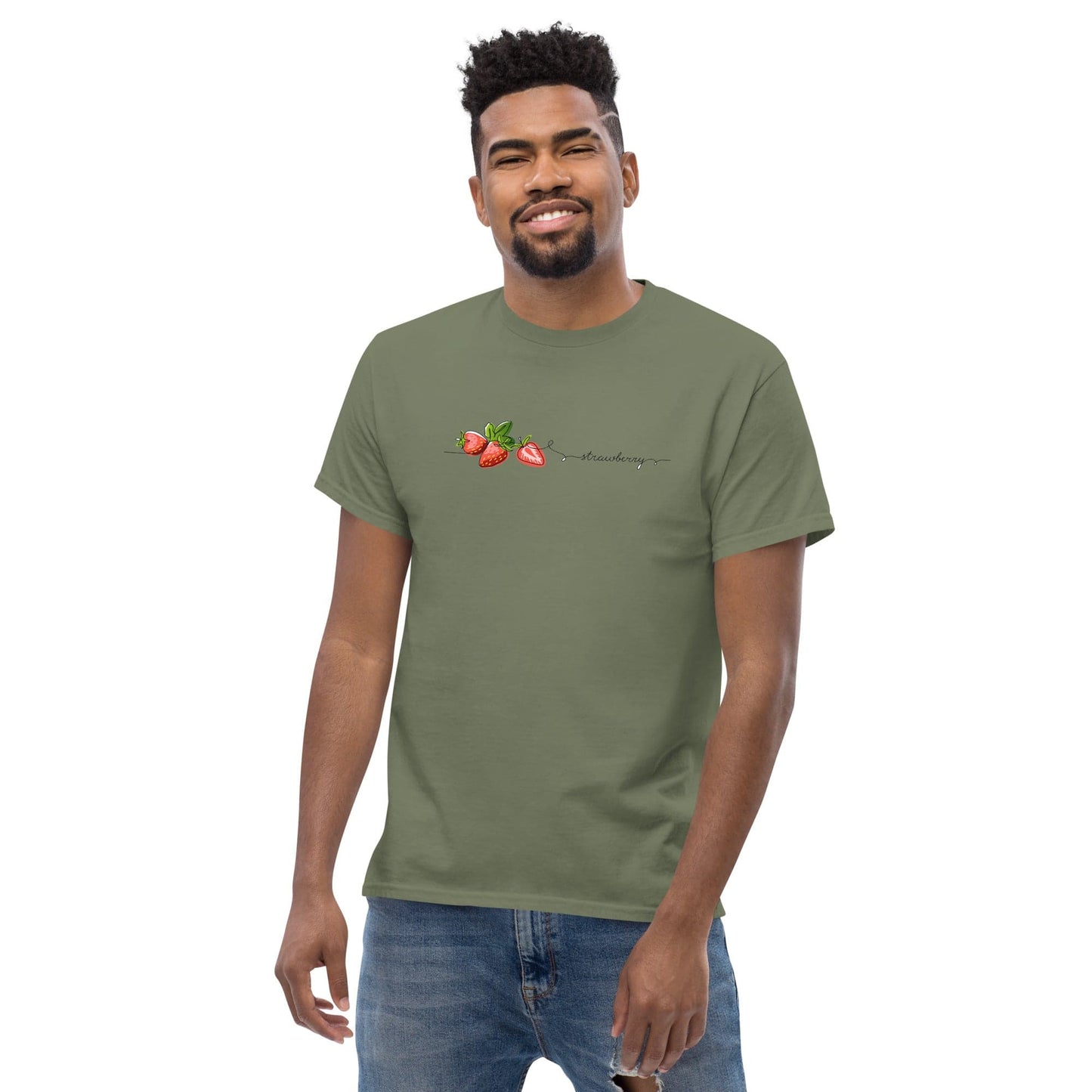 Olive green t-shirt with strawberry design.