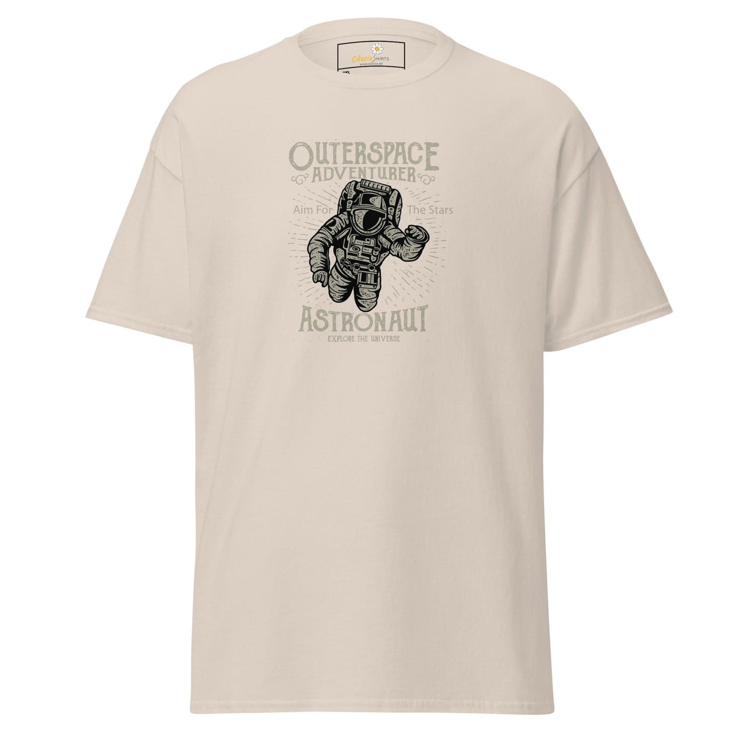 Beige t-shirt with astronaut graphic.