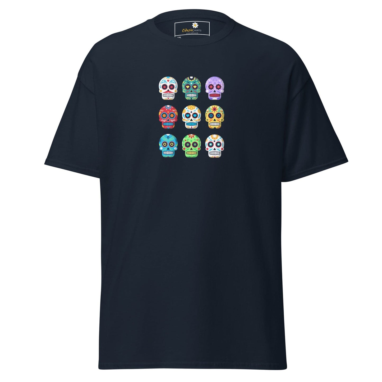 Navy T-shirt with colorful sugar skull design for Men and Women in sizes 2XL to 5XL