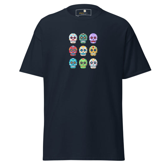 Navy T-shirt with colorful sugar skull design for Men and Women in sizes 2XL to 5XL