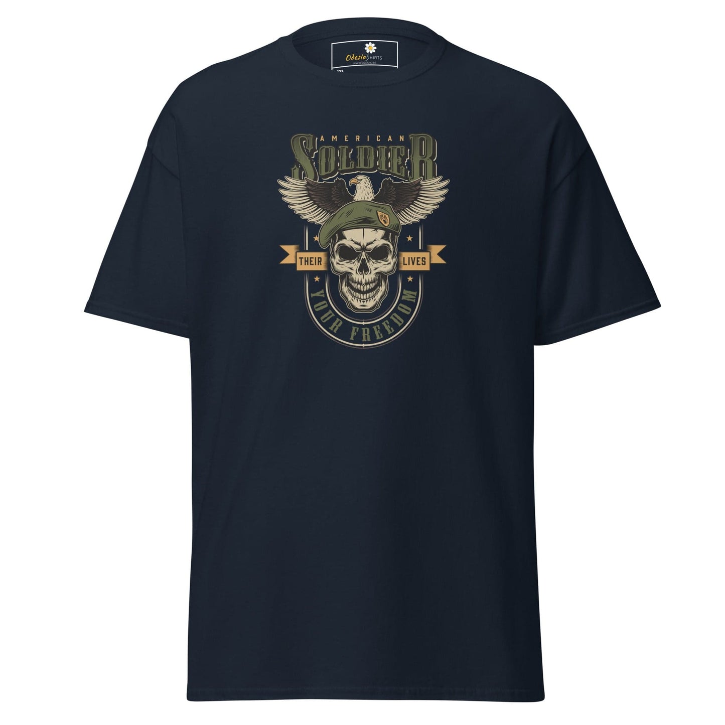 Navy blue T-shirt with military-themed graphic for men and women in size 2XL to 5XL