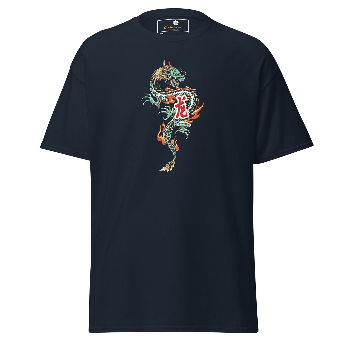 Navy blue t-shirt with dragon design.