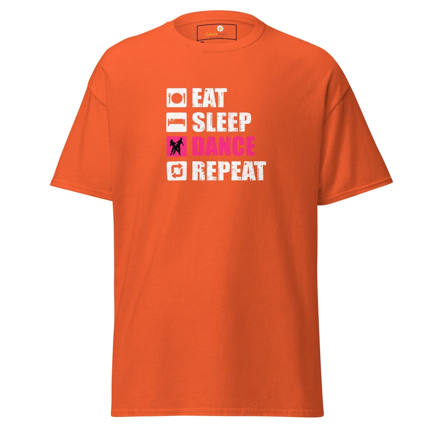 Orange t-shirt with ’Eat Sleep Dance Repeat’ graphic.