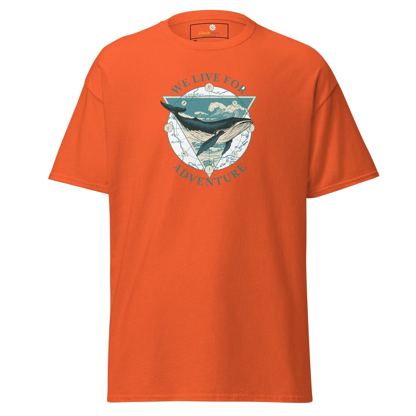 Orange T-shirt with whale graphic for Men and Women in sizes 2XL to 5XL