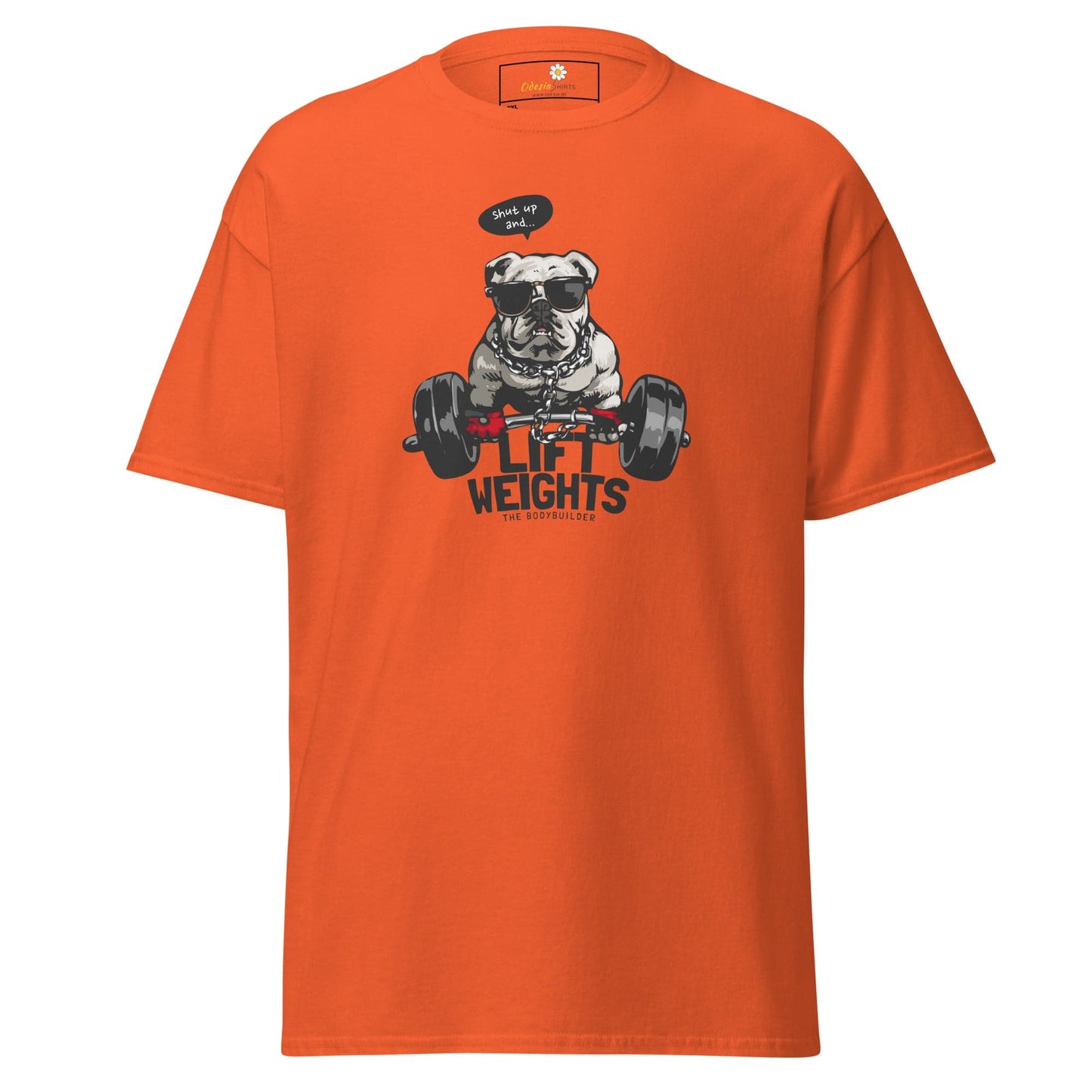 Orange t-shirt with bulldog weightlifter graphic.