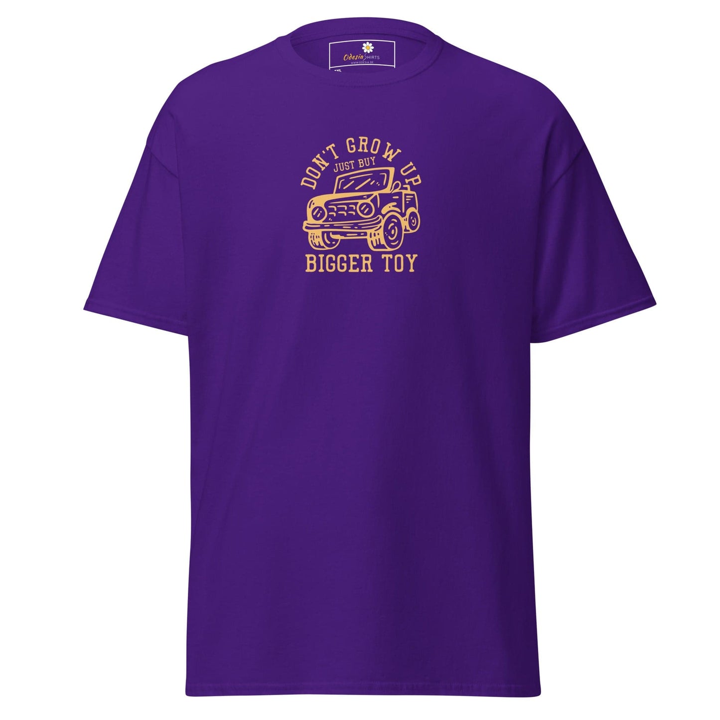 Purple t-shirt with a car graphic.