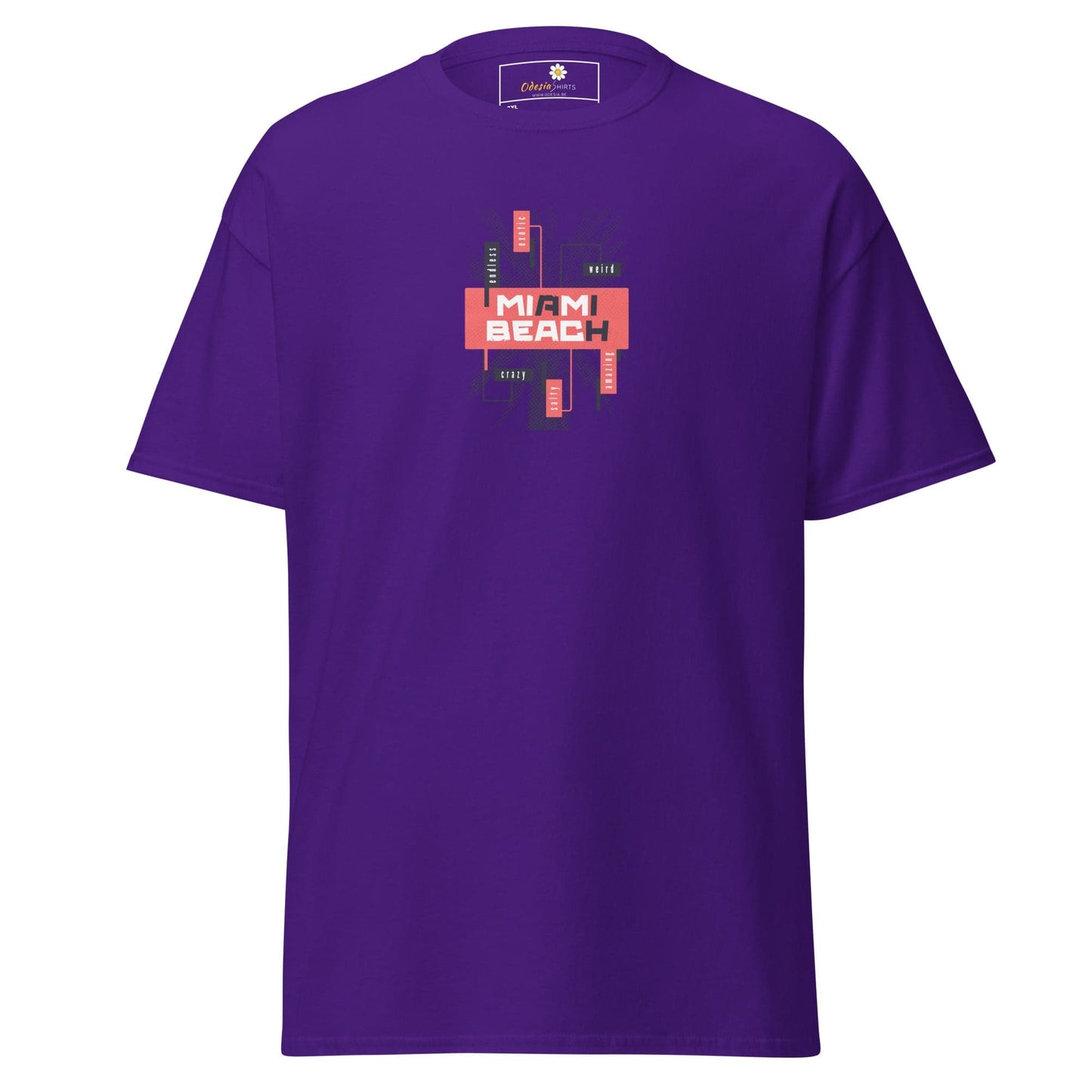 Purple T-shirt featuring Miami Beach graphic for men and women in 2XL to 5XL sizes
