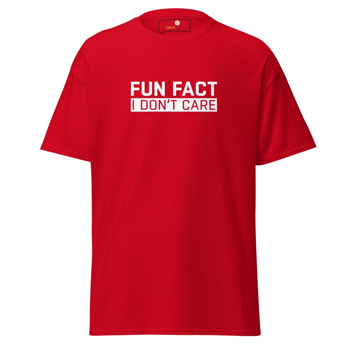Red t-shirt with white text.