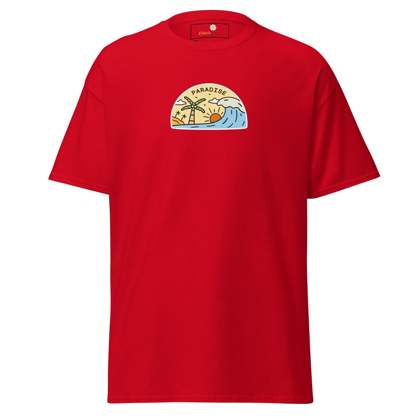Red t-shirt with a beach scene.