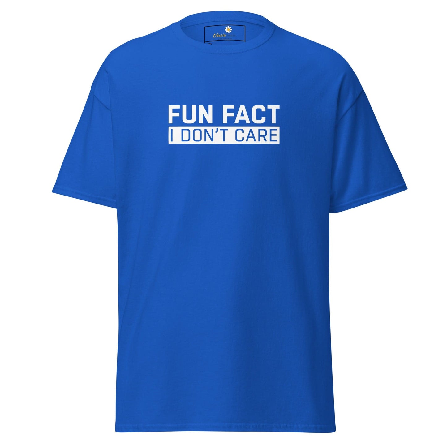 Blue t-shirt with white text.