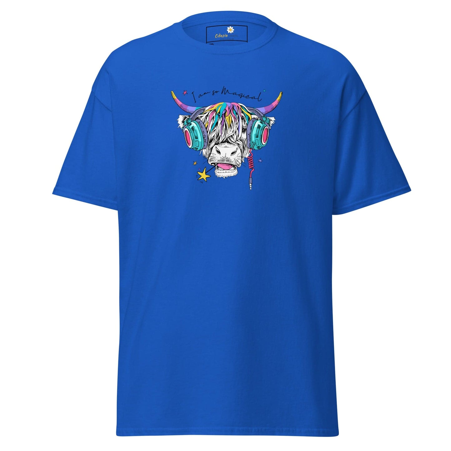 Blue t-shirt with colorful cow graphic.