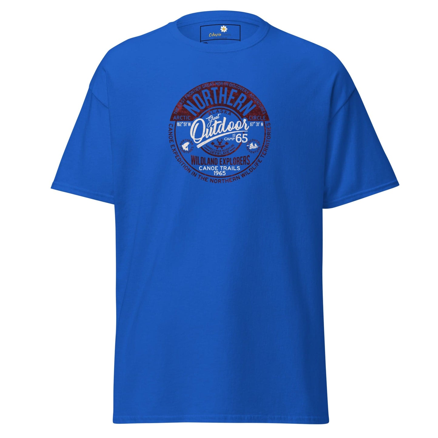 Blue t-shirt with circular graphic.