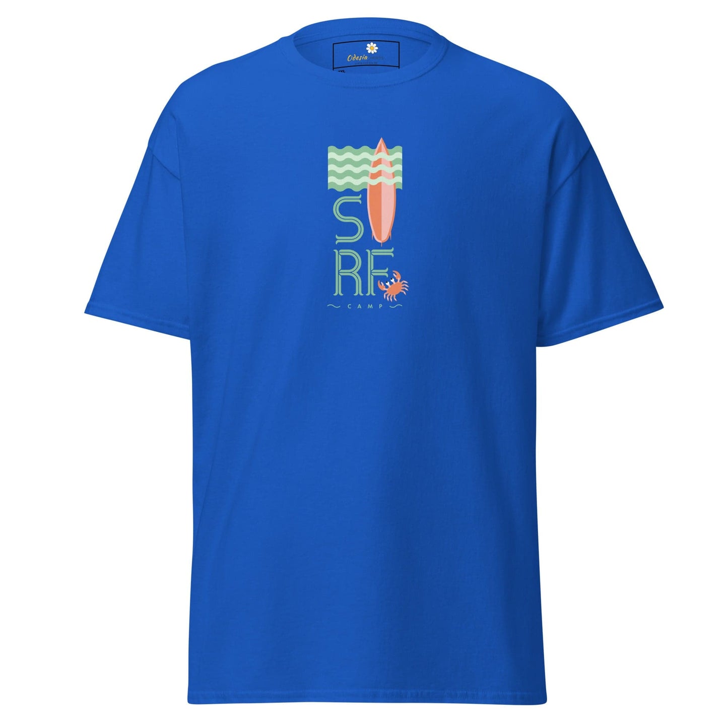 Blue t-shirt with surf design.