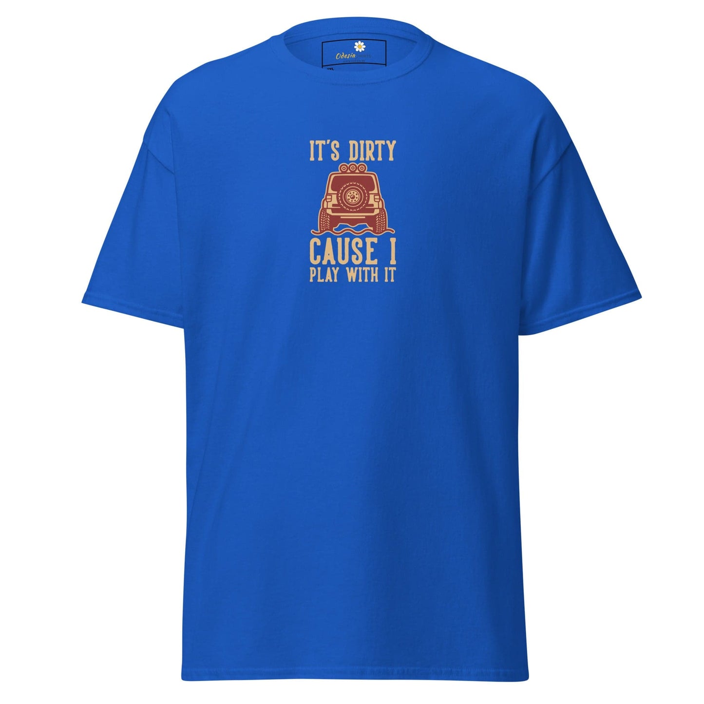 Blue t-shirt with off-road vehicle graphic.