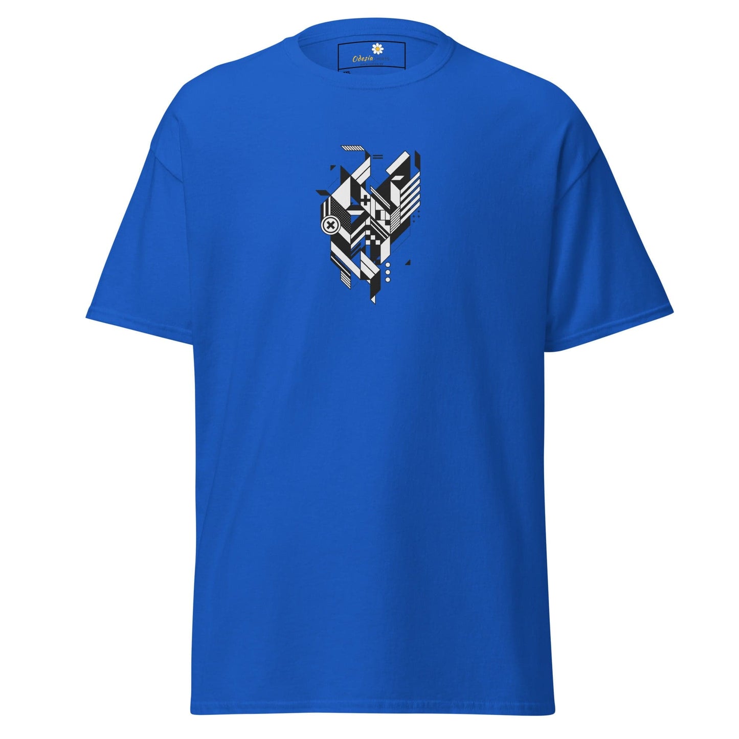 Blue t-shirt with geometric design.