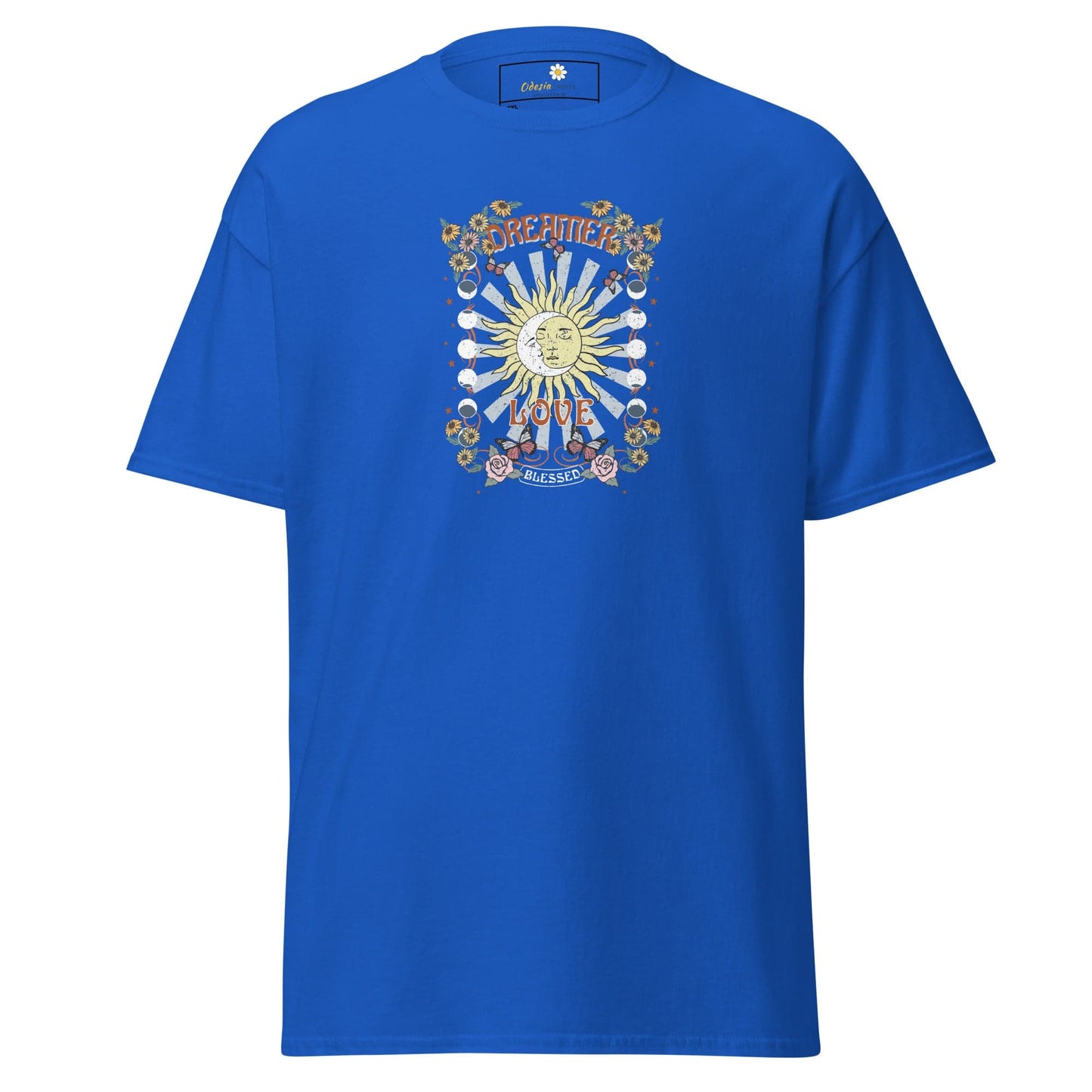 Blue graphic tee.