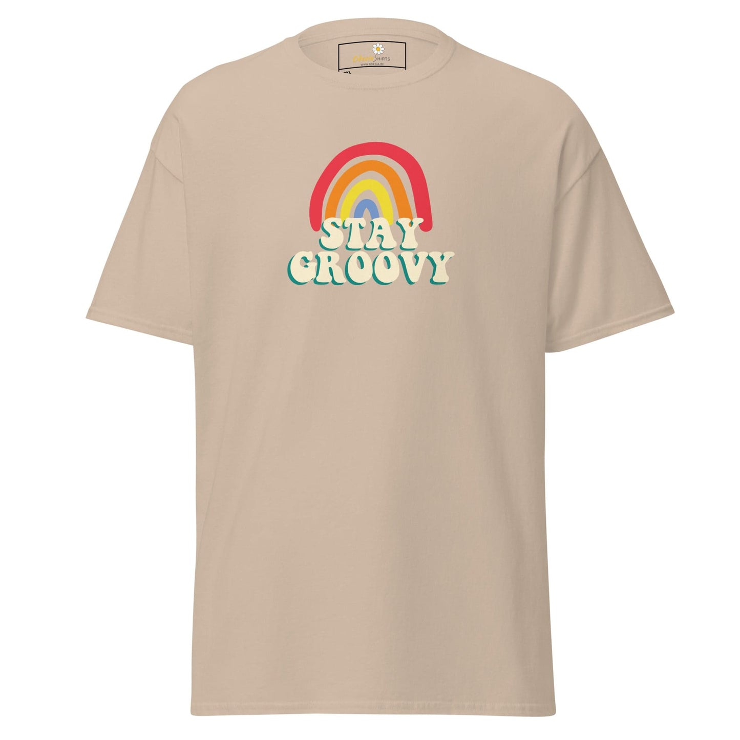 Beige t-shirt with rainbow and ’Stay Groovy’ text.
