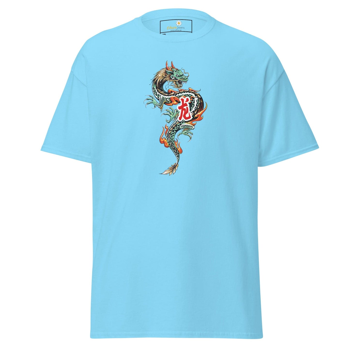 Light blue t-shirt with dragon design.