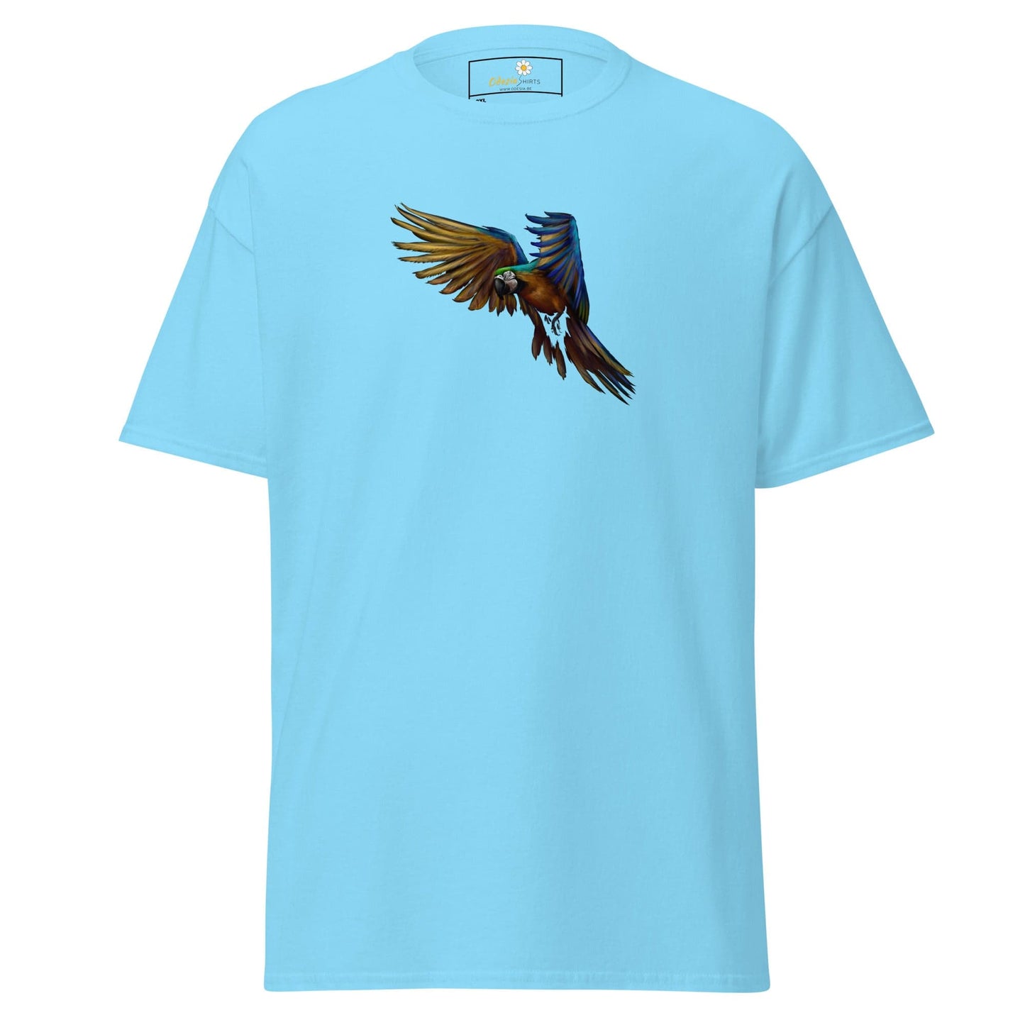 Light blue T-shirt with vibrant parrot graphic for men and women in sizes 2XL to 5XL