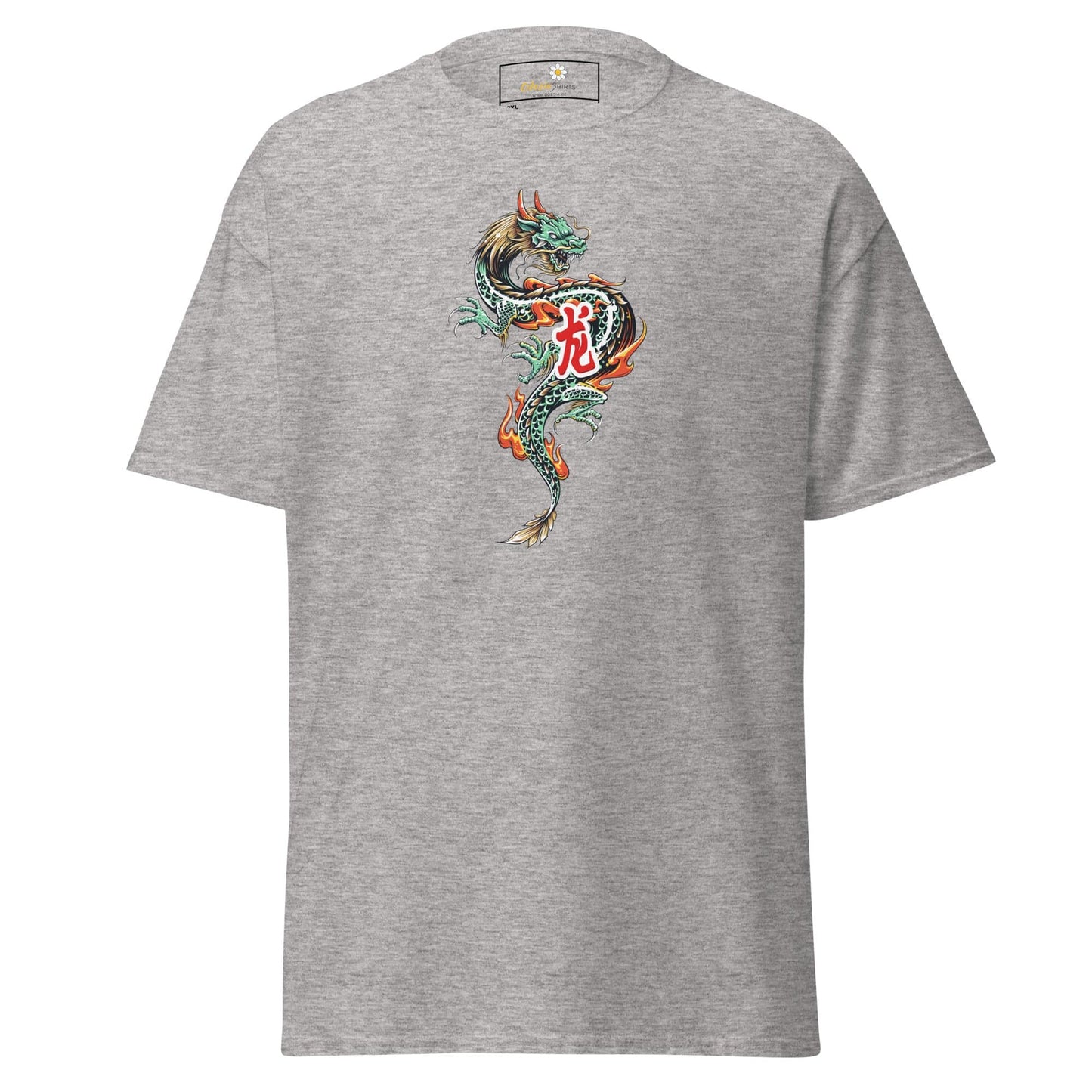 Gray t-shirt with dragon design.