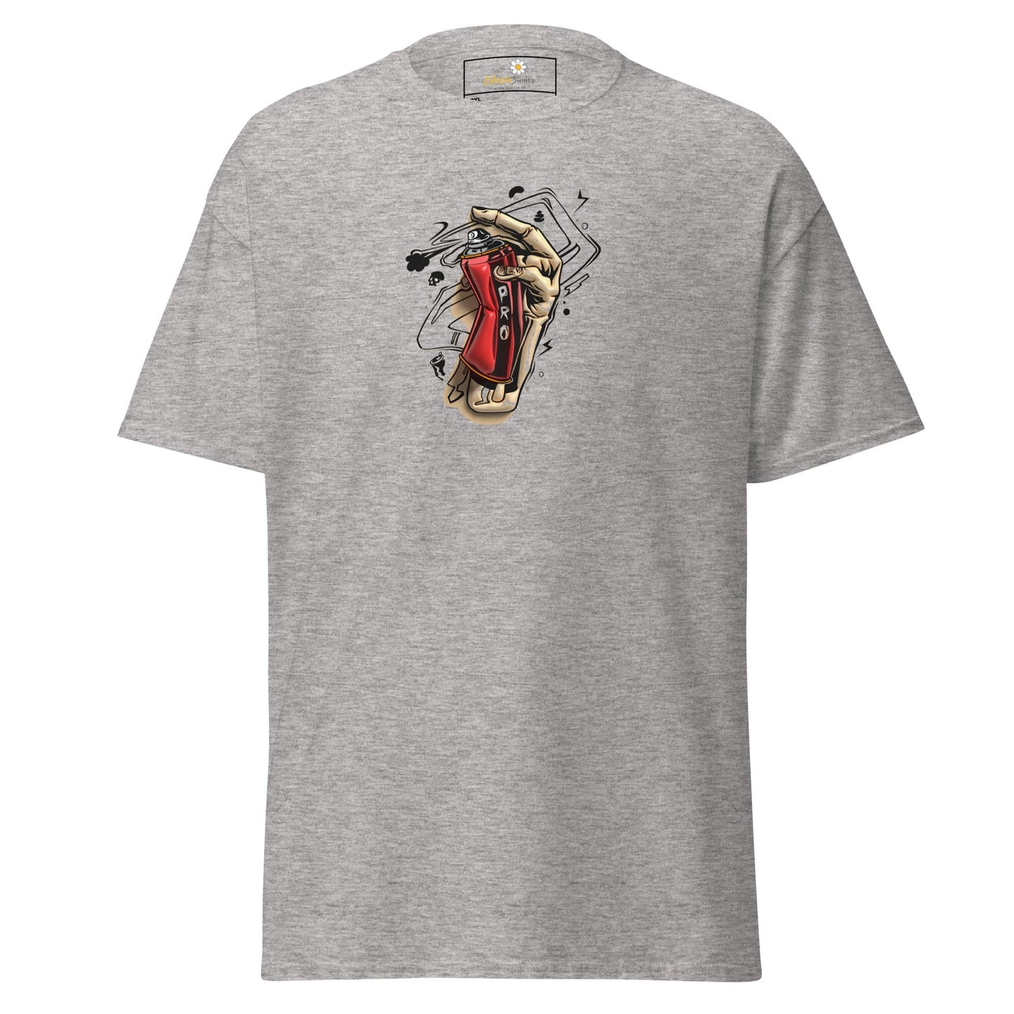 Gray t-shirt with graphic.