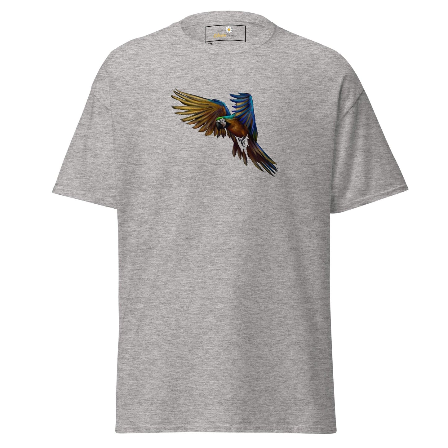 Gray T-shirt with vibrant parrot graphic from T-SHIRT DESIGN TEE for Men and Women